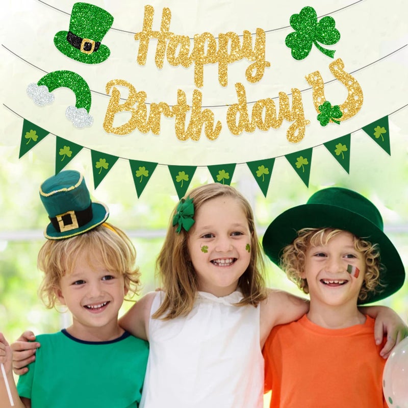 FHGG Gold Glitter St Happy Birthday Banner Decorations Shamrock for St. Patricks Day Home Party Lucky One 1st Birthday - Image 2